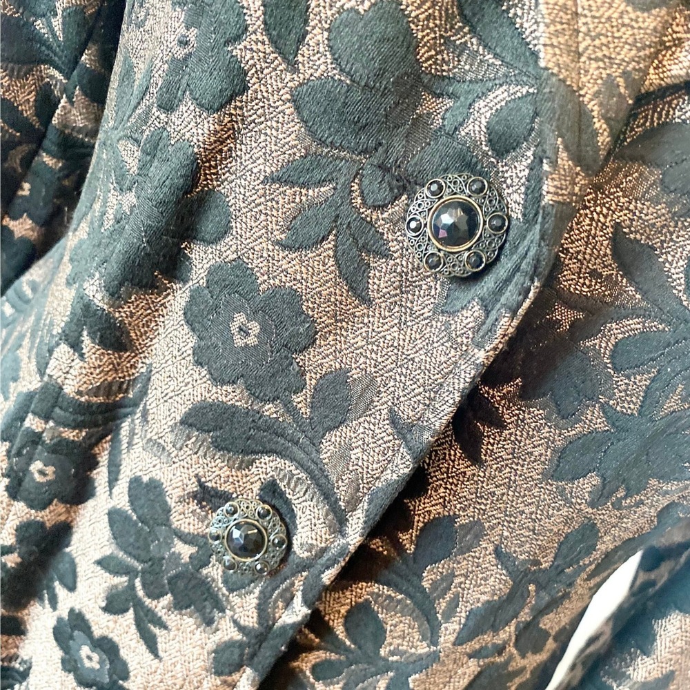 Vintage Brocade Trench Coat, Black Copper Metallic Floral, Size 12 - Picture 7 of 11